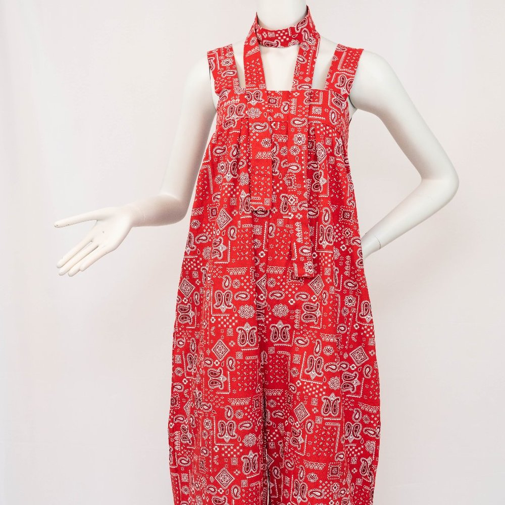 Women's Vintage Red Sleeveless Full Size Boho Chic Paisley Designer Jumpsuit - Picture 2 of 11